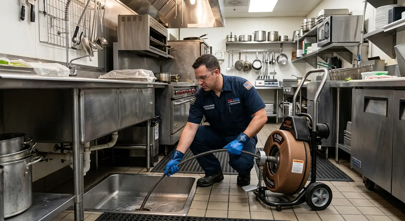 Commercial drain cleaning service in a restaurant kitchen in Manor