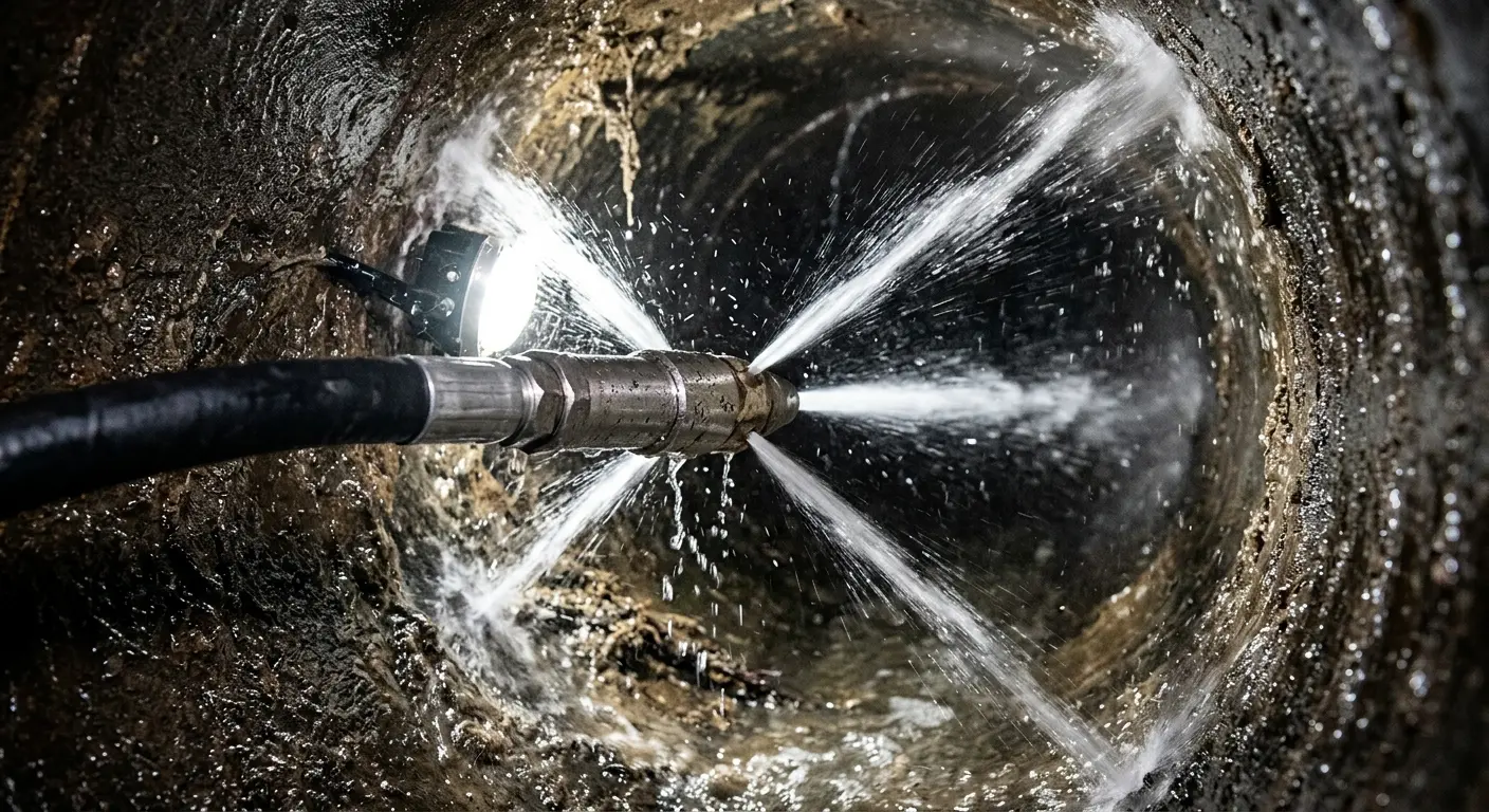 High-pressure hydro jetting nozzle cleaning sewer pipe for Trenchless Sewer Repair in Manor