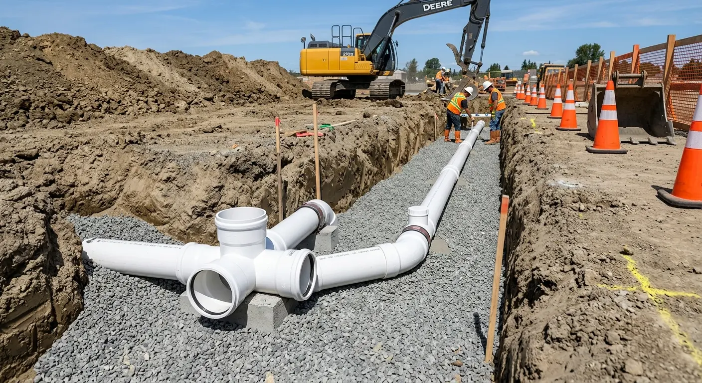 New PVC sewer pipe installation in open trench for Commercial Drain Cleaning in Manor
