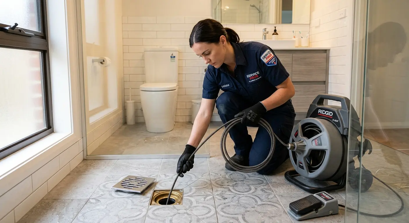 Technician clearing a bathroom floor drain for Drain Cleaning in Manor